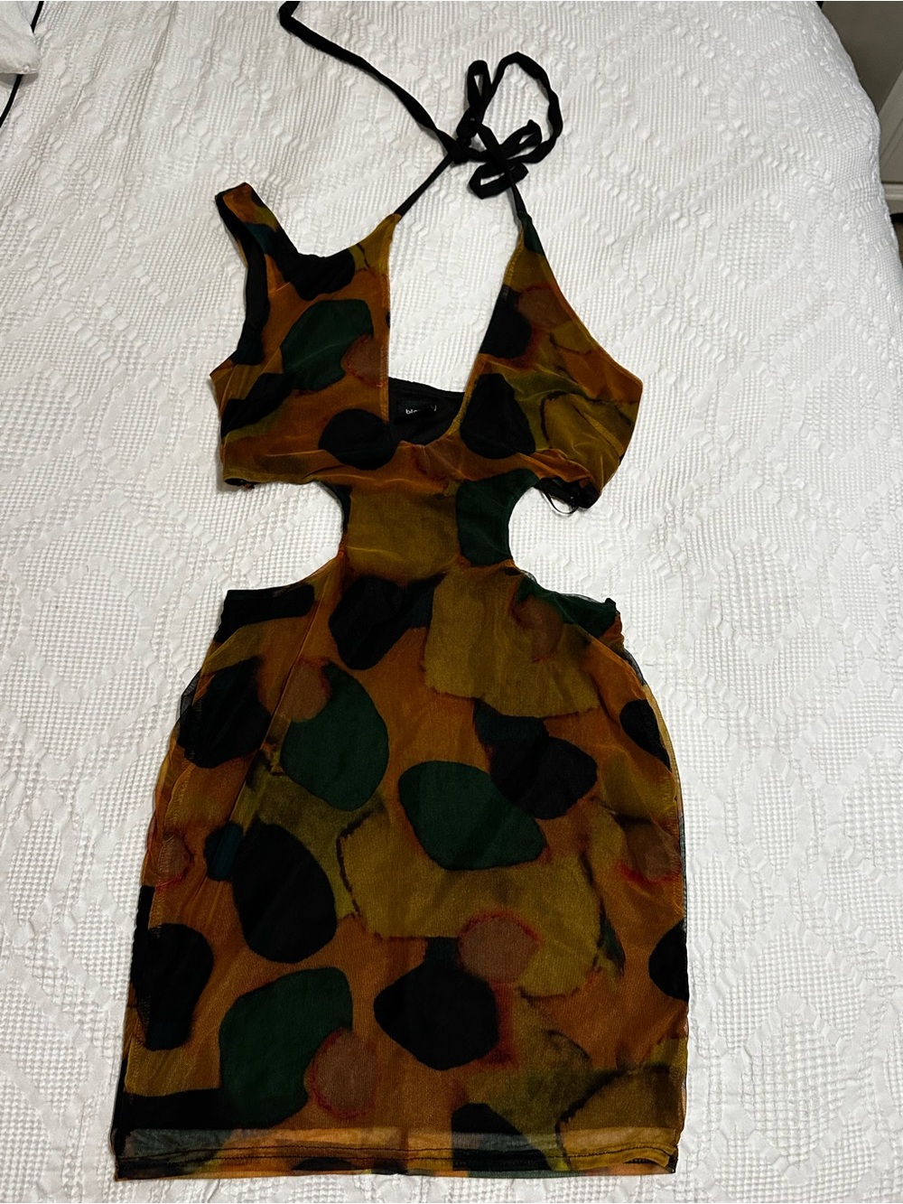 Blanc Clothing Cutout Halter Mini Dress in Olive & Black Abstract Print Size S
